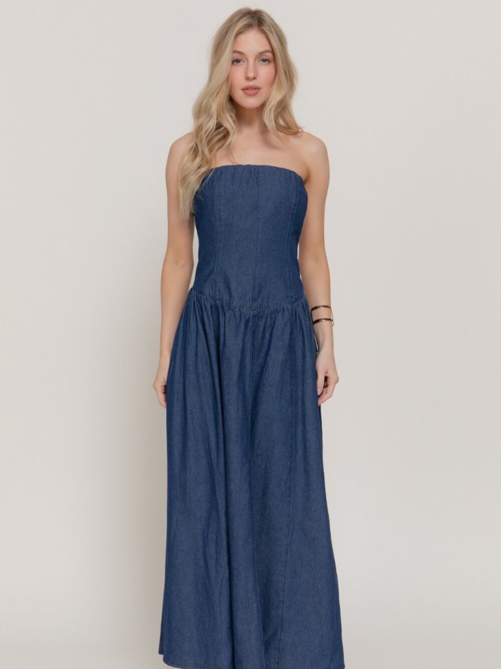 Straight Neck Denim Tube Long Dress
